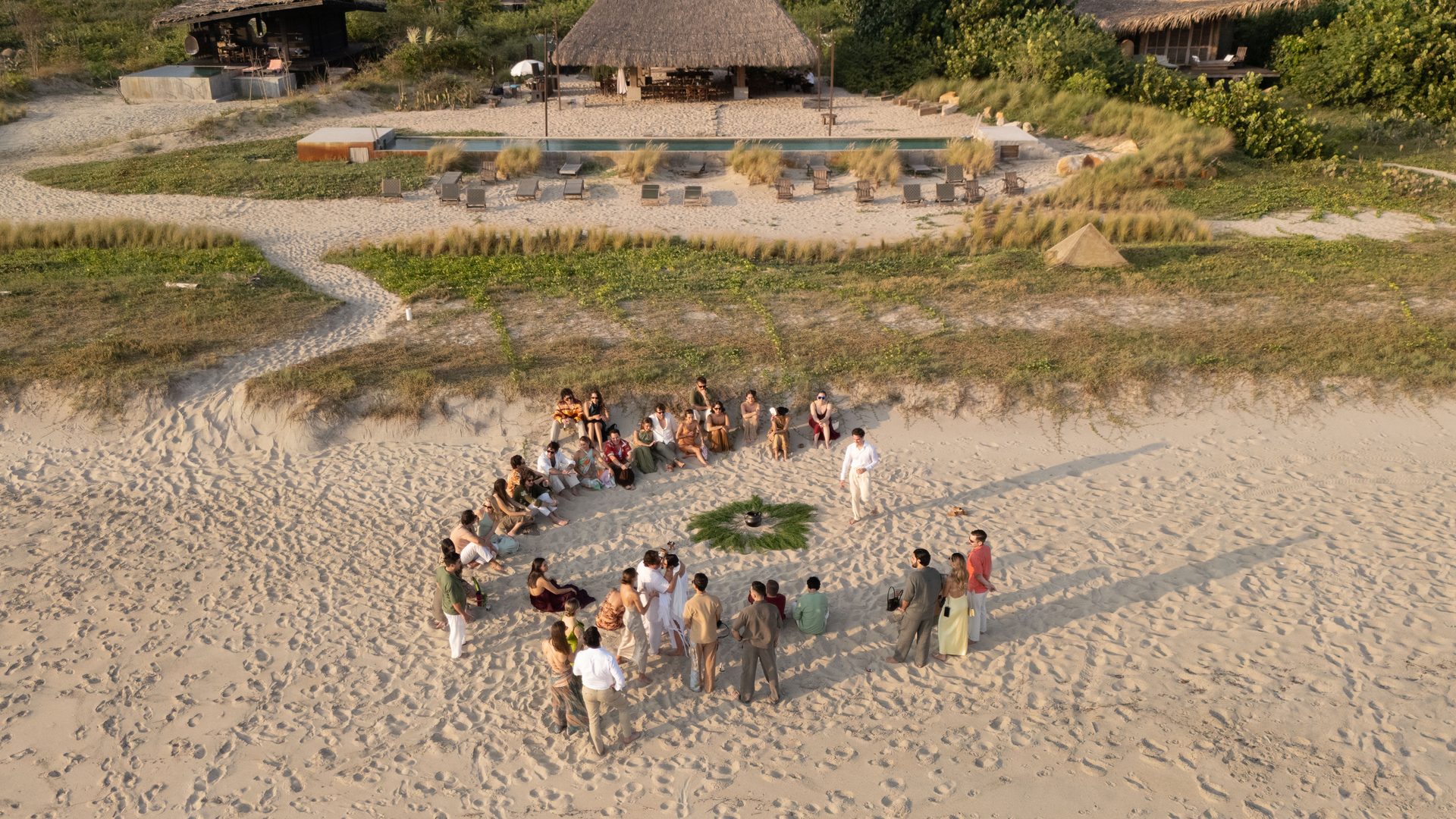 Aerial view of beach wedding ceremony in Puerto Escondido